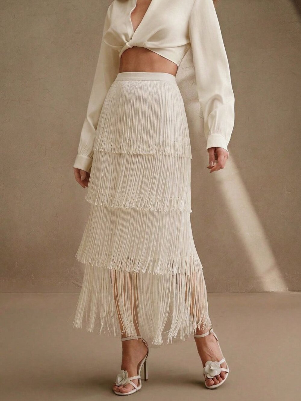 Apricot Elegant Women's Tiered Fringe Midi Dress